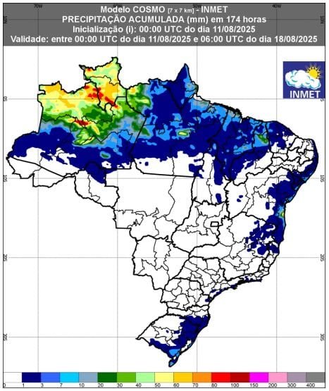 mapa de chuva - 11 a 18 de agosto de 2025