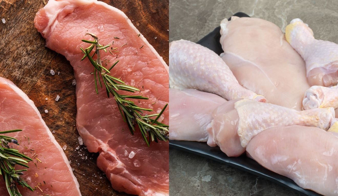 Carne suína e de frango, montagem, proteína animal